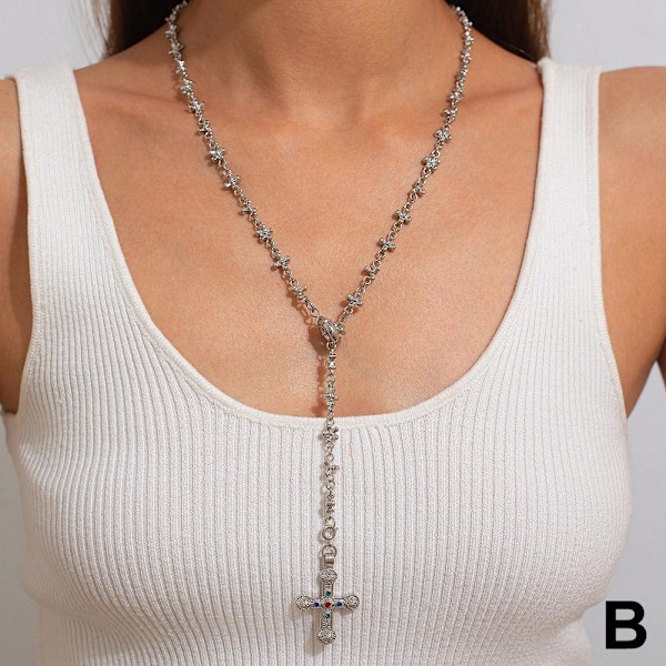 Pärlkors Y-formad Kedja Halsband Lång Mångsidig Tofs Tröja Silvery 1pcs
