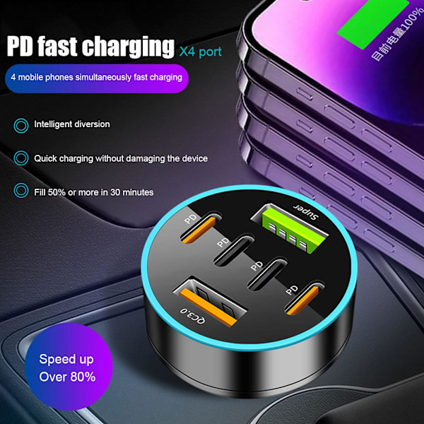 66W Billaddare 4 USB Typ C Snabbladdning Biltelefonadapter Med Digital D I9I8 2PD 4USB onesize