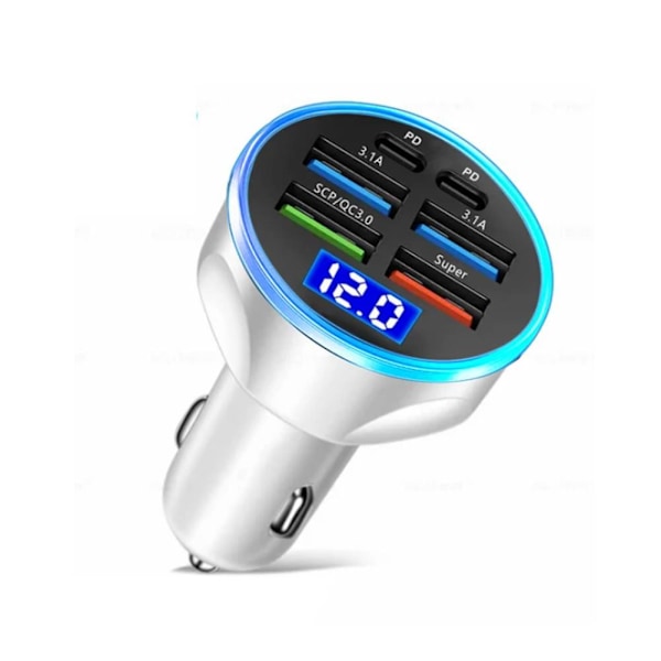 Digital 6-i-1 snabbladdare för bil med display och adapter _δ A4S2  white onesize