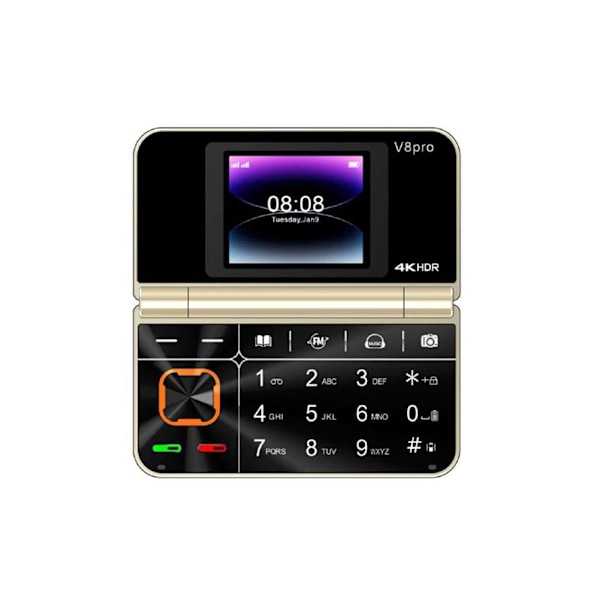 V8pro Dubbelskärm Vikbar Sidoflip Funktionstelefon Stor Knapp D gold 1pcs