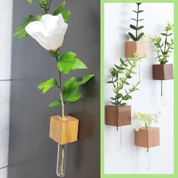 Kylskåpsmagneter Vas, Mini Glasvas, Magnetisk Väggplanta i Trä Black Walnut S 1pcs