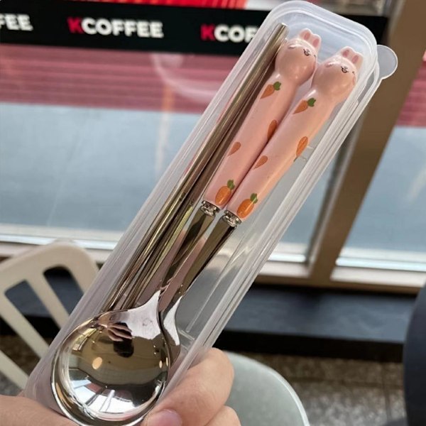 Sött Kanin Bordsservis Set Rostfritt Stål Set Pinnar Set Gaffel Bestick Sked Set U0r1  Pink 1set