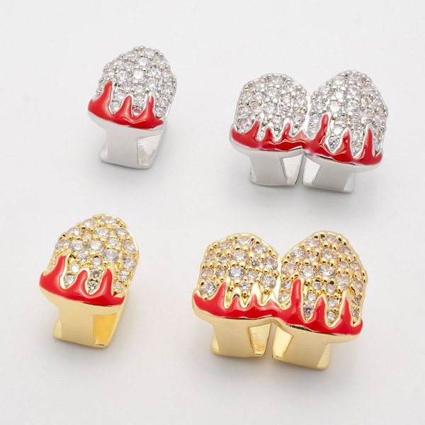 Enkel & Dubbel Full Zirkonium Guld Tänder Hip-hop Elektroplätering Flamma Q7R7 Golden2 1pcs
