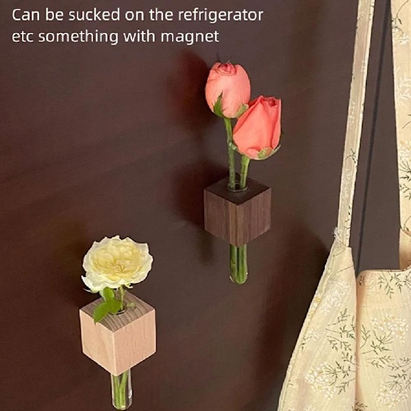 Kylskåpsmagneter Vas, Mini Glasvas, Magnetisk Väggplanta i Trä Black Walnut L 1pcs