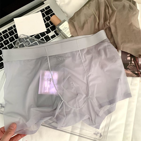 Sexiga genomskinliga boxershorts för män, sömlösa, se-igenom, is-silke under Gray 3XL
