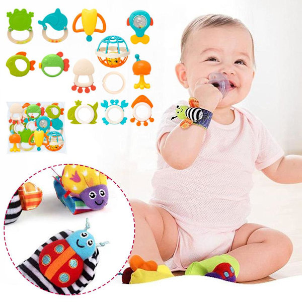 Baby Skallror Leksaker Bitringar Tidig Utveckling Lärleksak Nyfödd Leksak Baby Pojke Flicka V9r8 multicolorB 4pcs