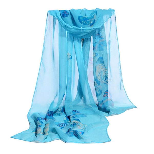Lång chiffonsjal för kvinnor, fjärils- och blomstermönster, mjuk sjal, siden Ladi R1V9 Blue 1pcs