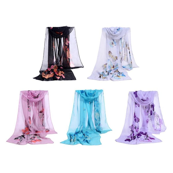 Lång chiffonsjal för kvinnor, fjärils- och blomstermönster, mjuk sjal, siden Ladi R1V9 Black 1pcs