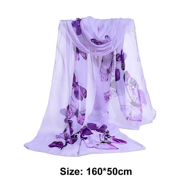 Lång chiffonsjal för kvinnor, fjärils- och blomstermönster, mjuk sjal, siden Ladi R1V9 White 1pcs