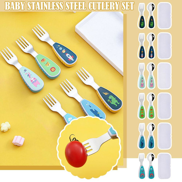 Tecknad Sked Gaffel Set, Livsmedelsgodkänd Bärbar Baby Stål Söta Redskap, Träning Äta Q9g2 rainbow 2pcs