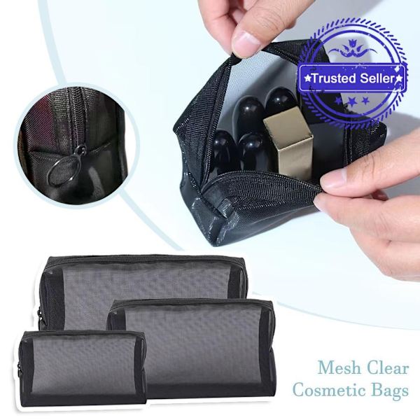 Kosmetikväskor i mesh, portabel sminkväska, mini sminkväska, sminkverktygspåse L0i8 BlackD 3pcs