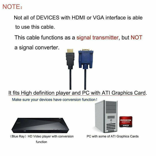 HDMI till VGA-kabel med ljud- och strömadapter för VGA-anslutning vid 1080p-upplösning