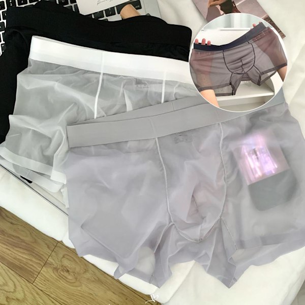 Sexiga genomskinliga boxershorts för män, sömlösa, se-igenom, is-silke under Black XL
