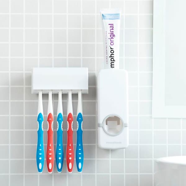 Tandpastadispenser med tandbørsteholder og automatisk sæbedispenser InnovaGoods BADEVÆRELSES TILBEHØR Vit
