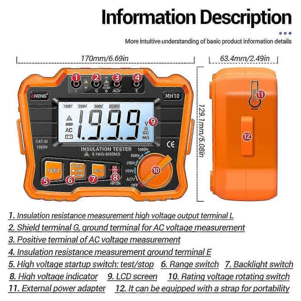Digital isolationsmodstandstester Megger Megohm Meter 100/250/500/1000vCJY Blue