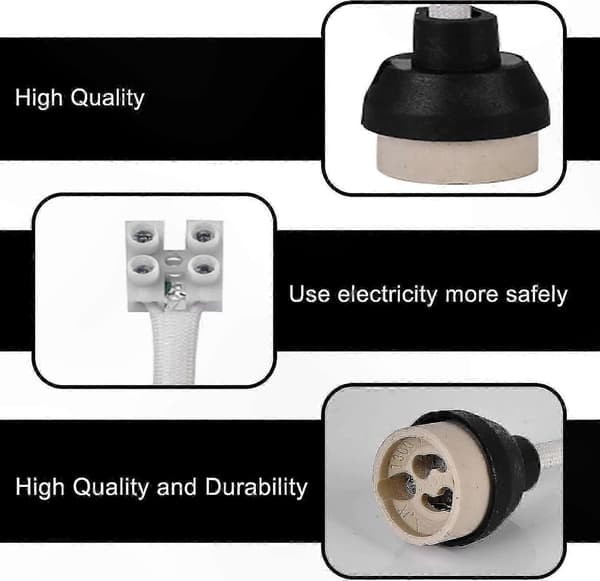 GU10 Lamphållare med Silikonkabel, 15CM Längd, 10MM Bredd, Keramisk Bas, 0-250V, 3A, 12-pack