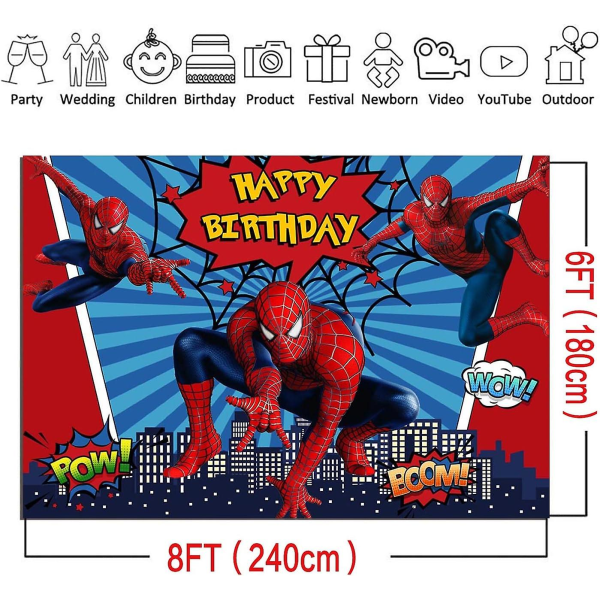 8x6ft Spiderman Fotografi Bakgrunner Superhelt Bytema Foto Bakgrunn Barn Gratulerer med dagen Spiderman Fest Dekorasjon Kake Bord Banner rekvisita