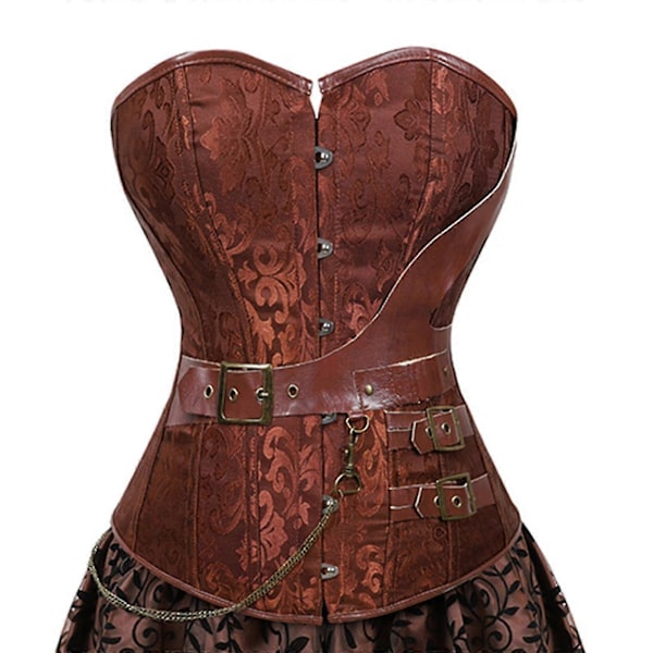 Naisten eurooppalainen steampunk-merirosvoasu, naisten korsettimekko, hame, nyöritys, plus-koko, ruskea vetoketjullinen tekonahkakorsettimekko L