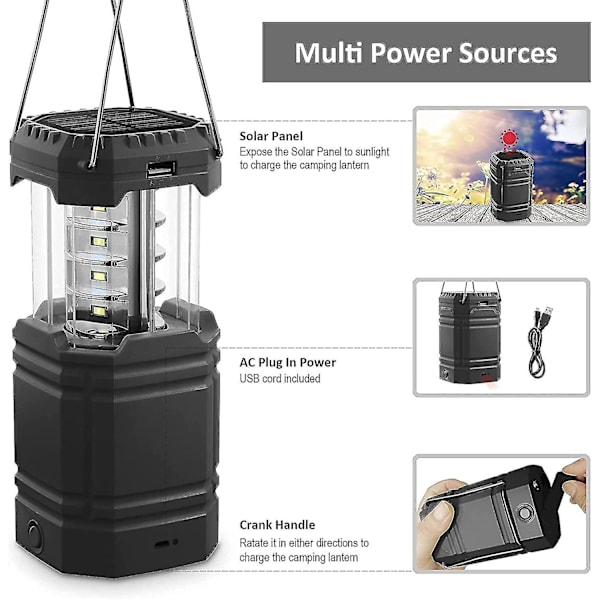 Solcellsladdad LED-campinglampa, vattentät LED-campinglykta, nödlampa med handvev, inbyggt 3000mAh-batteri för vandring black