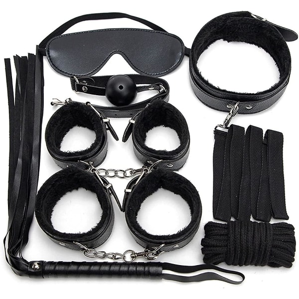 7pcs/set Leather Bodaged Kit Adlt Explay Hndcffs/whps/ball Gg/rope/collr Bdm