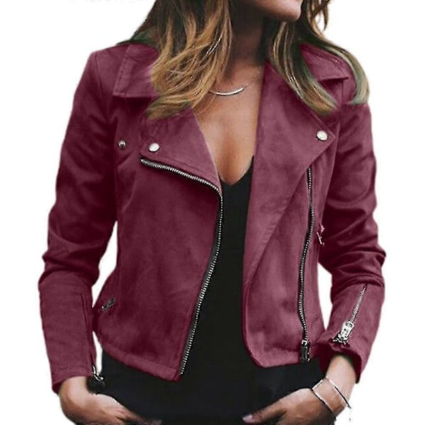 Faux Läderjackor för Kvinnor Dam Dragkedja Motorcykel Moto Biker Kort Ytterkläder Slim Fit Kappa 2XL Wine Red