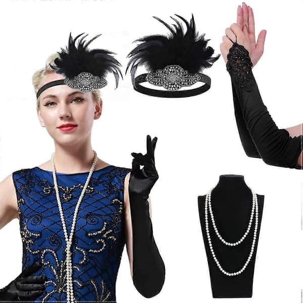 Flapper-tilbehør, 1920'er Gatsby-tilbehør til kvinder Inkluderer Flapper-pandebånd Halskæde HandskerCJY Black