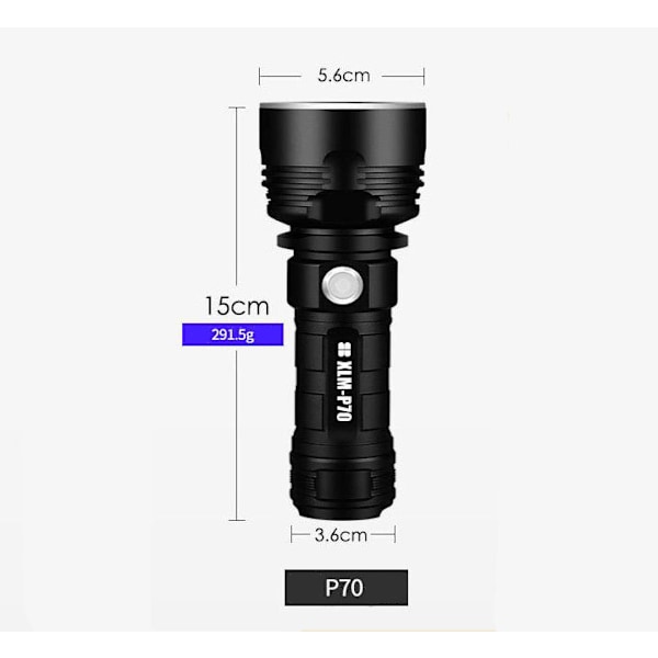 P70 LED Ficklampa för Utomhusbruk, Hög Effekt, USB Uppladdningsbar, 26650, Super Stark, Aluminium - 1 st