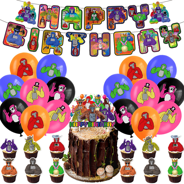 Gorilla Tag-bursdagsfestdekorasjon, festrekvisita-sett inkluderer gratulasjonsbanner, kake-/cupcake-topper, ballonger, Gorilla Tag-temafestfavoritt