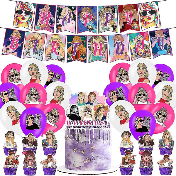 Taylor Swift Themed Fans Birthday Decoration Party Supplies Includes A Banner, Balloons, Cake Cupcake Toppers