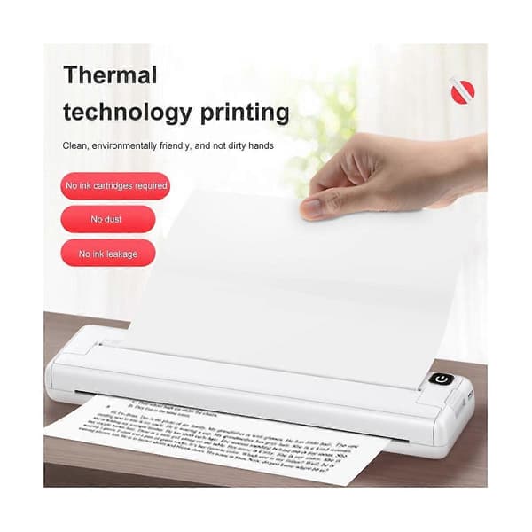 Bærbare printere Trådløs A4 termisk printer Blækfri lomme foto dokumentprinter Bluetooth rejseprinter til hjemmet White