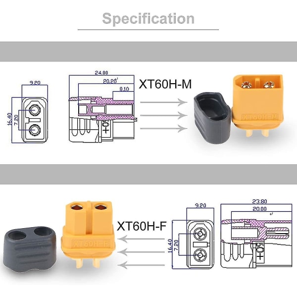 12 par XT60H-kontakter, uppgraderade XT60-kontakter med hölje, hona och hane, för RC-modeller och mer