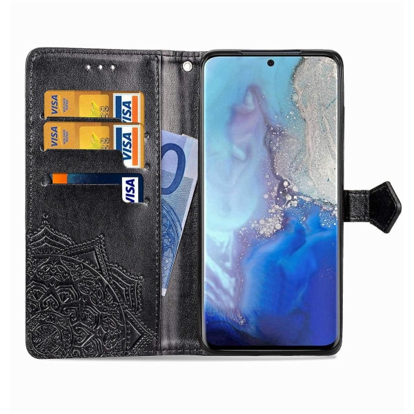 Kohokuvioitu Mandala Wallet nahkainen jalustan cover Samsung Galaxy S20 4G/S20 5G Black Style A Samsung Galaxy S20 4G