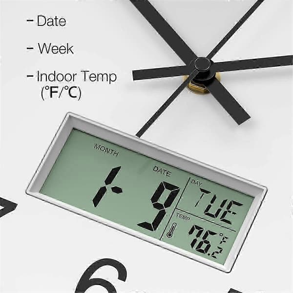 12-inch Analog Wall Clock with Digital Date, Week, Indoor Temperature - Battery Operated Wall Clock, Automatic Setting CJY Silver
