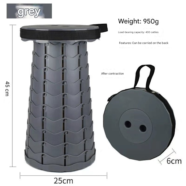 Vikbar teleskopisk pall, maxlast 400 kg, lämplig för vuxna utomhusfiske, vandring, trädgårdsarbete, resor, grillning grey