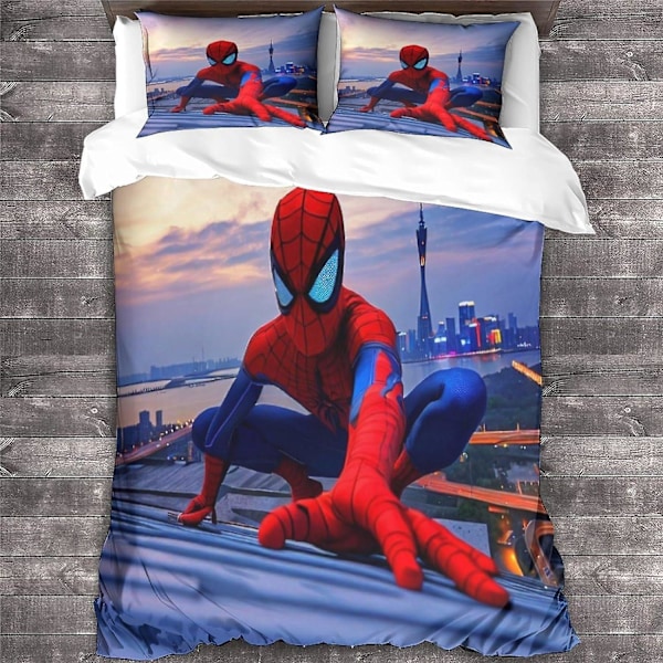 Spiderman-peittosetti piilotetulla vetoketjulla - Elävä 3D-painatus mikrokuidusta, elokuvamainen vuodevaatteet, 3-osainen paketti tyynyliinoilla, ihanteellinen pojille Single135x200cm