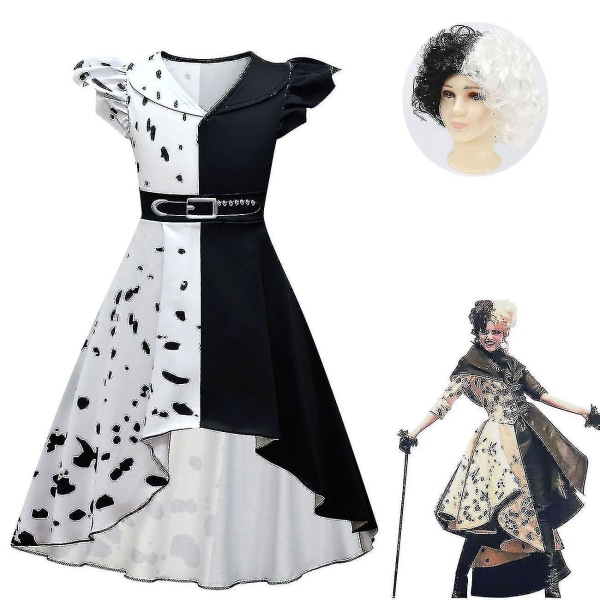 Cruella Cosplay Costume Girl Dress Halloween Carnival Party Costume Without wig 120cm