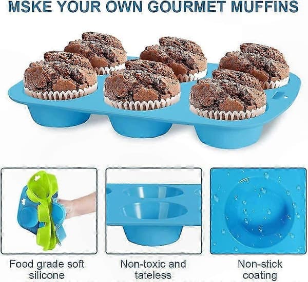 Muffinsform i silikon, non-stick bakformar, blågrön, 6 hål