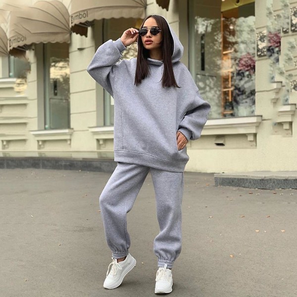 Træningsdragt Sæt Kvinder Dame 2 Dele Sweatsuits Trøje Med Hættetrøje & Sweatpants Jogging Dragter Outfits Light Grey M