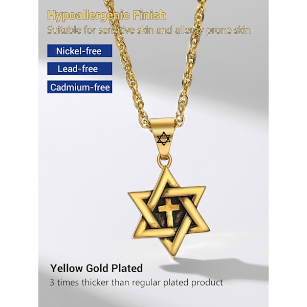 Davidsstjerne vedhæng, rustfrit stål, lang halskæde, velegnet til fritid/fester/begivenheder Golden Cross