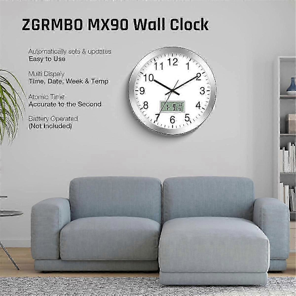 12-inch Analog Wall Clock with Digital Date, Week, Indoor Temperature - Battery Operated Wall Clock, Automatic Setting CJY Silver