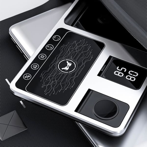 3-i-1 touchscreen trådløs ladestation til smartphones, ure og øretelefoner silvery