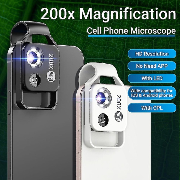 200x forstørrelse mikroskoplinse Ingen mobil LED-lys Mini lommemakro linser til alle smartphones Sort