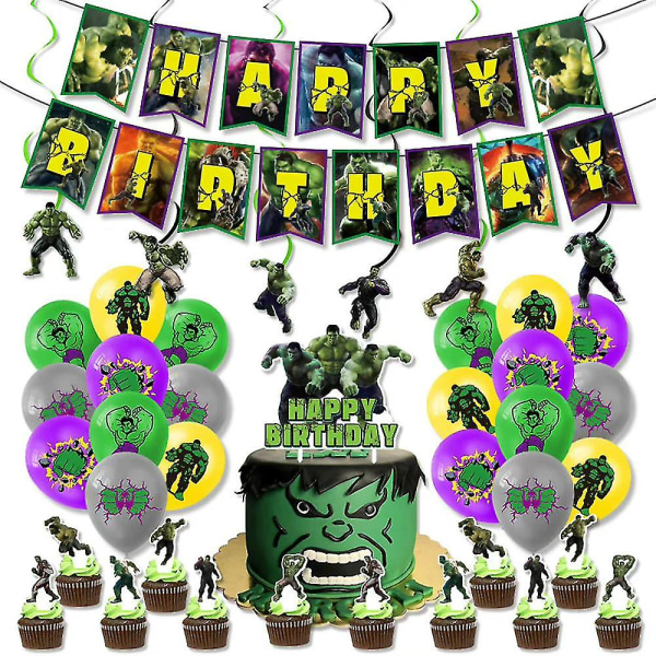 The Hulk Themed Födelsedagsfest Inredningstillbehör Set Dragflagga Banner Ballonger Cake Topper Hanging Swirls Kit