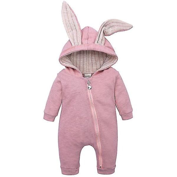 Baby Romper Kanin Bunny Ear Hooded Jumpsuit Dragkedja One Piece Pyjamas Pink 12 18 Months