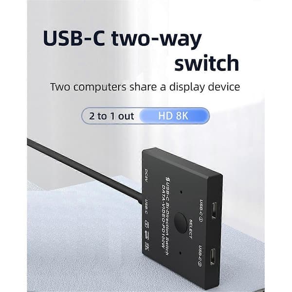 Bi-Directional USB C Switcher 100W Opladning+10Gbps Data+8K Videooverførsel 1x2/2x1 KVM Switch til 2 L Black