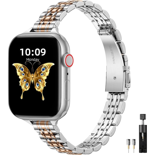 Metallreim Kompatibel med Apple Watch 41/40/38mm, Justerbar for iWatch Serie 9 8 7 6 5 4 3 2 1 SE 2/1 Ultra 2/1, Sølv/Roségull