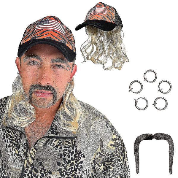 Tiger King kostumesæt guldparyk med hat, klips øreringe og overskæg - velegnet til børn og voksne, guldmulte temafest Halloween cosplay parykker F