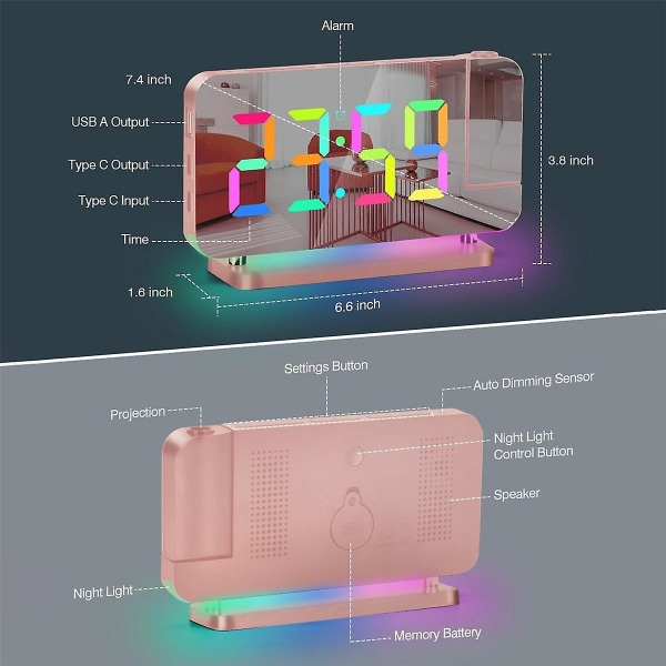 Projektorvekkerklokke, 7,4 tommers LED-speil digital klokkevisning, +180 roterbar projektor, nattlys roségull