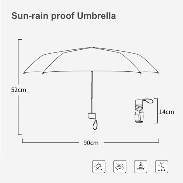 Foldbar Rejseparaply, Lille Kompakt Paraply til Sol og Regn, Vindtæt UV-Paraply med Lynlåsetui til Kvinder og Piger