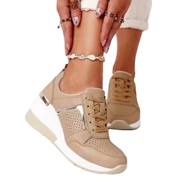Snörning Wedge Sports Snickers Vulkaniserade Casual Comfy Shoes för kvinnor khaki 40